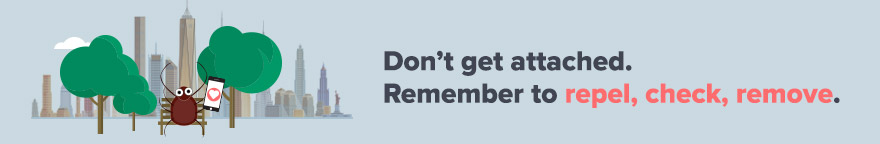 A tick is sitting on a park bench holding a cell phone with a pink heart on the screen. The text reads: Don't get attached. Remember to repel, check, remove.