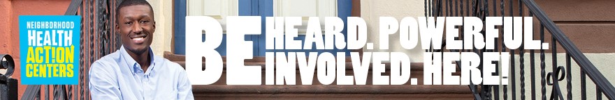 Man sitting on steps of building. Text reads: Be heard, powerful, involved, here