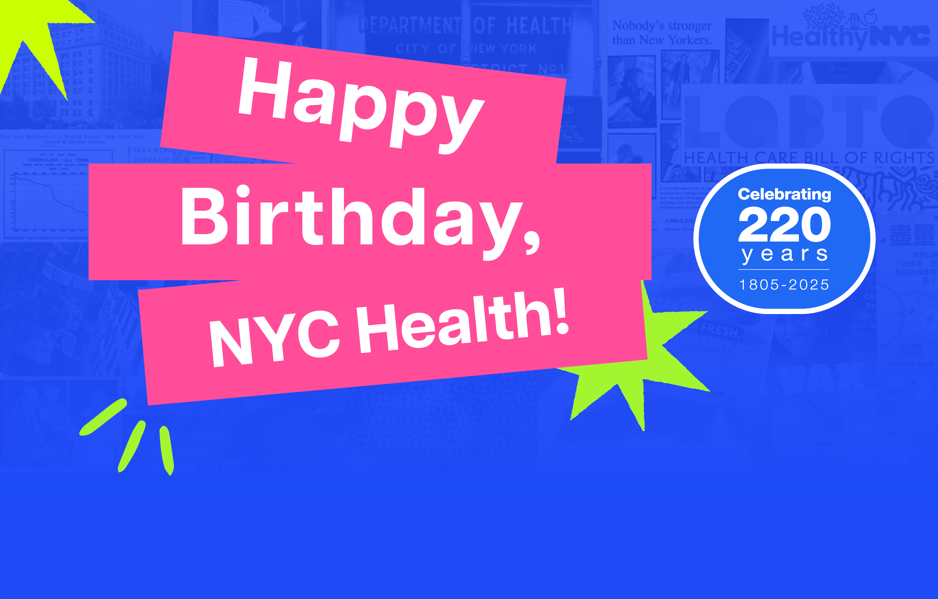 Collage of historical photos. Text reads: Happy Birthday, NYC Health! Celebrating 220 Years 
                                           