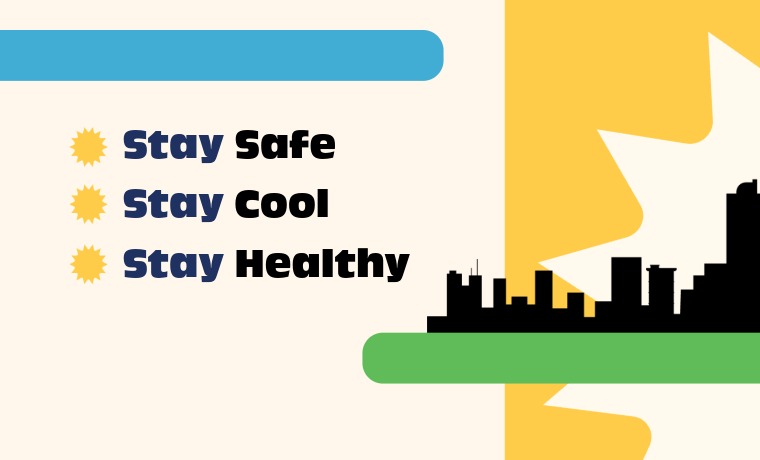 An illustration of the sun rising over a cityscape of New York City. Text reads: Stay safe, stay cool, stay healthy
                                           