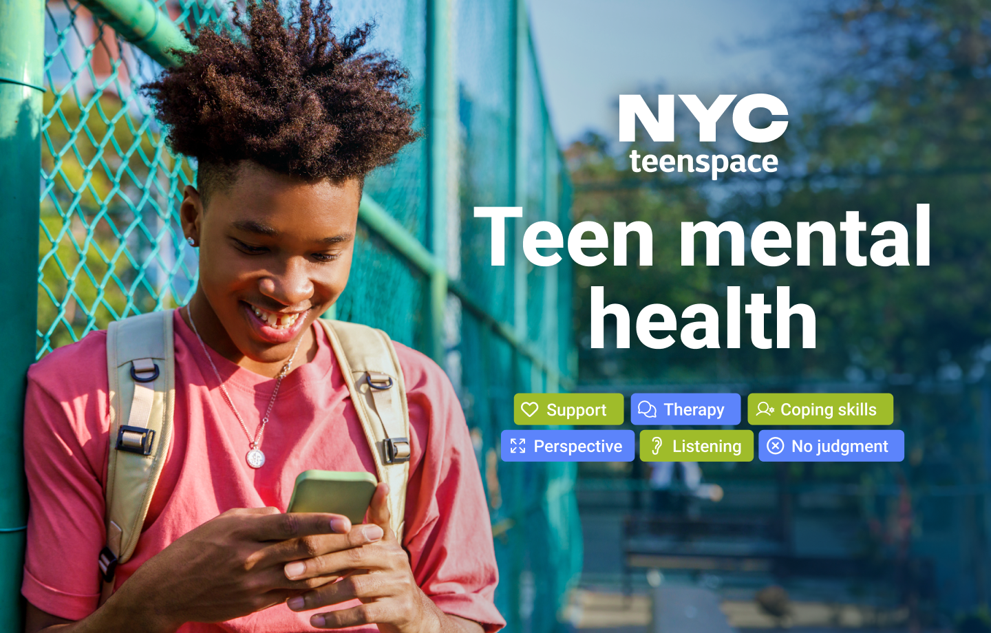 A teenage boy smiles at his phone. Text reads: Teen mental health
                                           