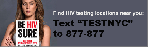 A woman is standing with her arms crossed. In front of her is a sign reading 'Be HIV Sure.' Text besides the woman reads 'Find HIV testing locations near you: text 