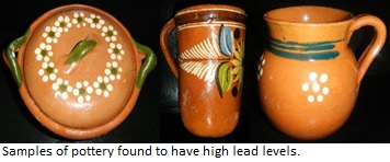 Three pieces of decorated pottery that have high lead levels.