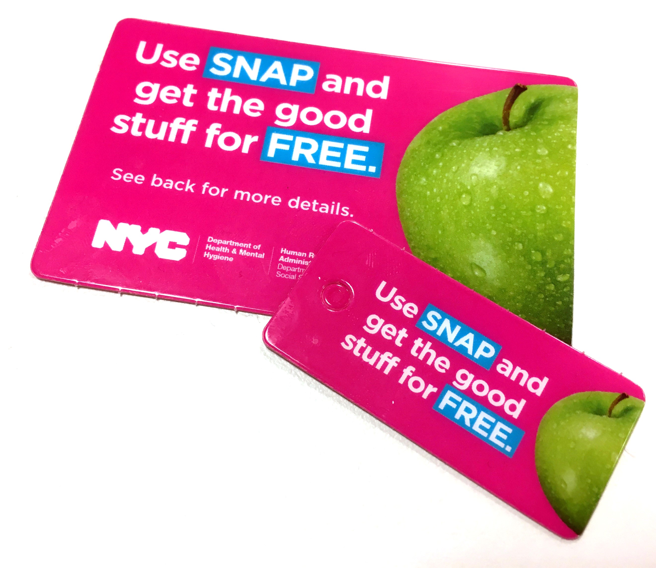 A program loyalty card and a key tag for the Get the Good Stuff program. Both have a picture of a freshly washed apple. Card reads: Use SNAP and get the good stuff for free.