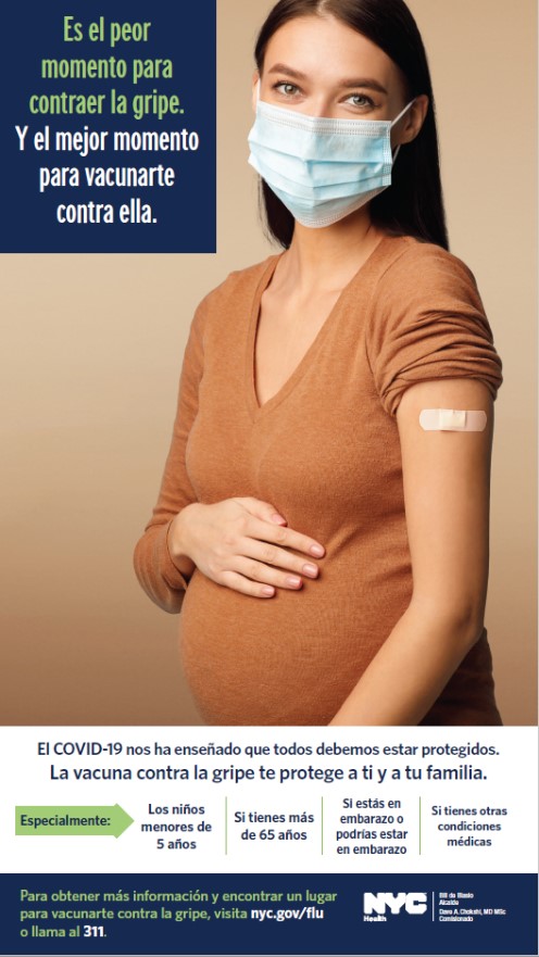 A woman holding up her sleeve showing off her bandage from getting the flu shot. Text reads: Wrong time for the flu. Right time for a flu shot.