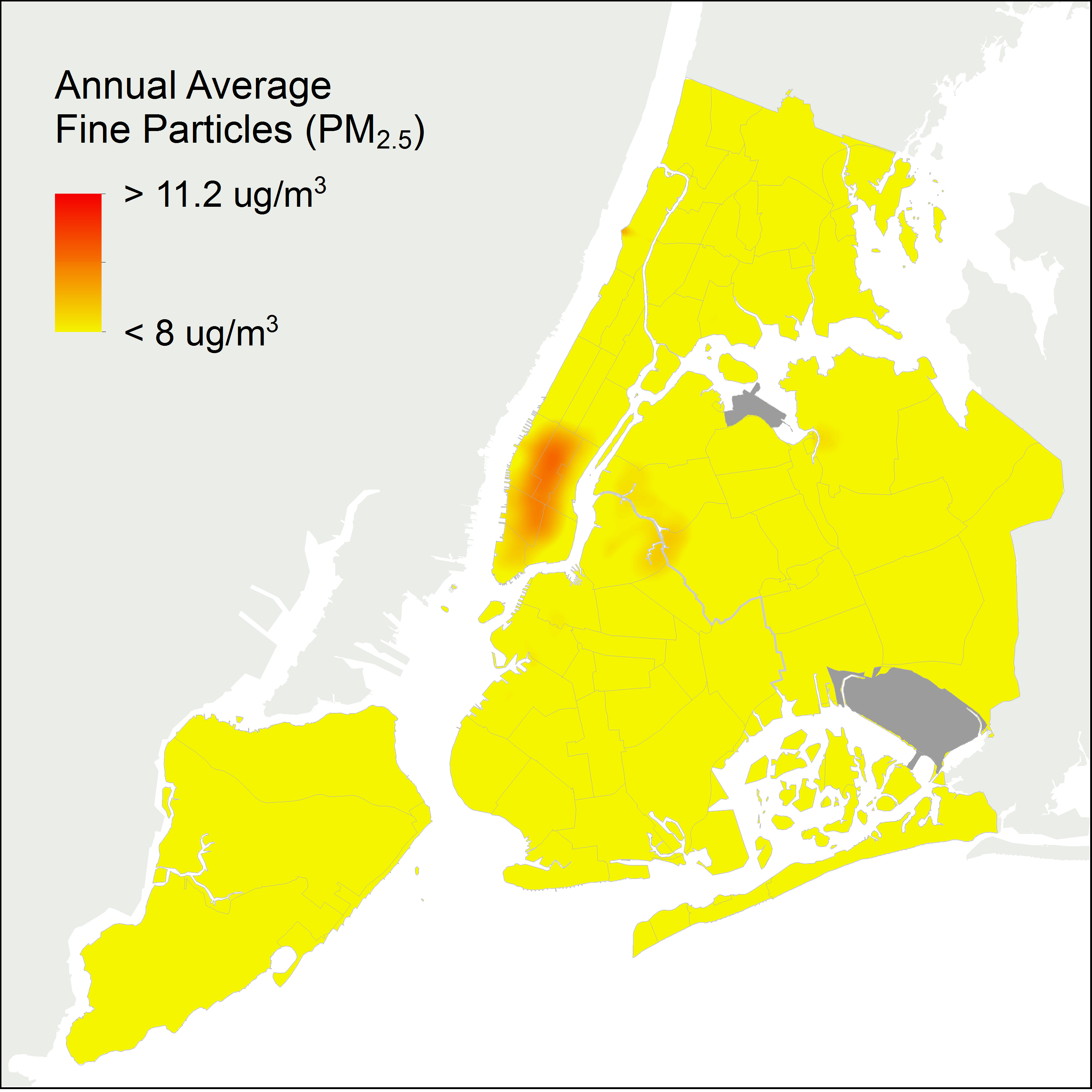 A chart showing a lower level of fine particular matter throughout NYC