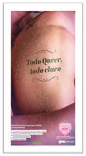 Image of couple embracing. Todo Queer, todo claro is written on one partner's shoulder.
