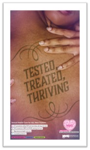Image of couple embracing. Tested, Treated, Thriving is written on one partner's back.