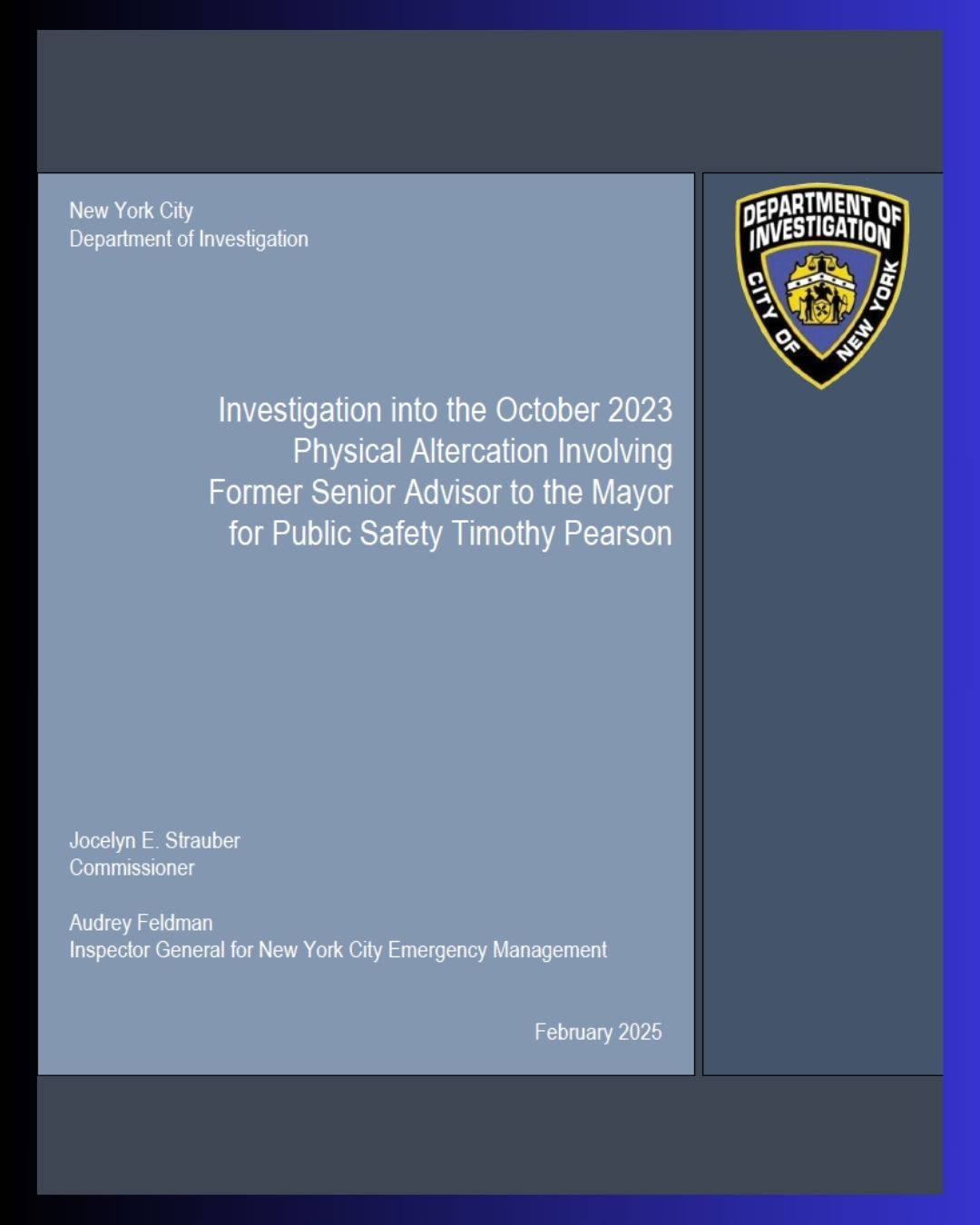 DOI Report: Investigation into the October 2023 Physical Altercation Involving Former Senior Advisor to the Mayor for Public Safety Timothy Pearson
                                           