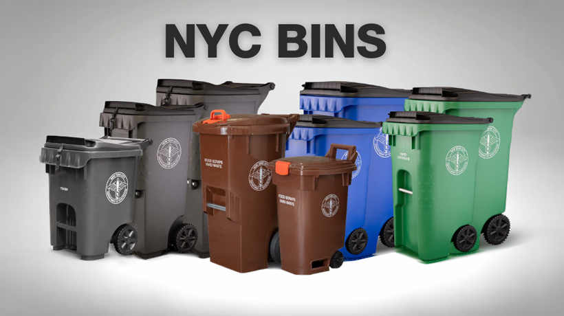 All three sizes of gray NYC Trash Bins with two size of green and blue Recycle Bins and brown Compost Bins, posed together like a family picture.
                                           