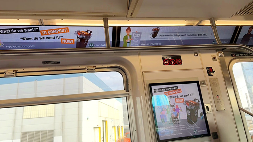 Digital ad on subway encouraging residents to demand that their building compost