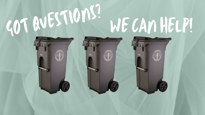 Three grey official NYC trash in a row. Got questions? We can help!  
                                           