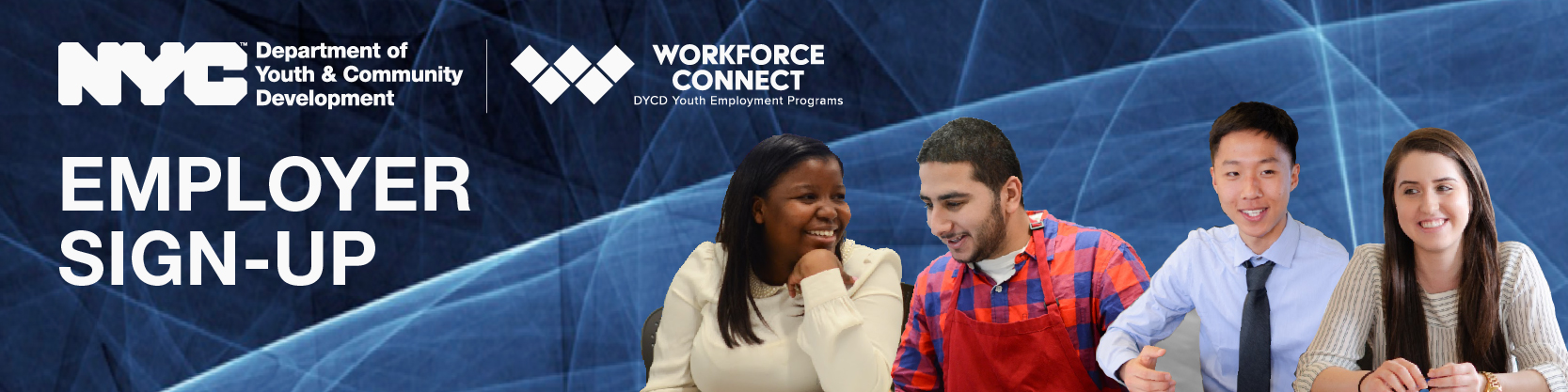 Employer sign up logo featuring participants posing for photos