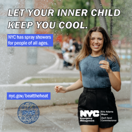 A woman playing in an NYC Parks sprinkler.