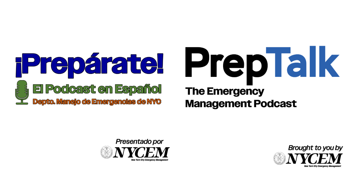This image displays both NYCEM Podcasts - one for Prep Talk! and one for  ¡Prepárate!, the agency's podcast in Spanish. 
                                           