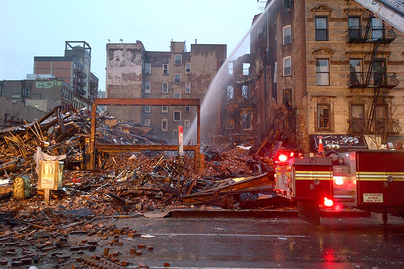 A building collapse featuring damage and debris