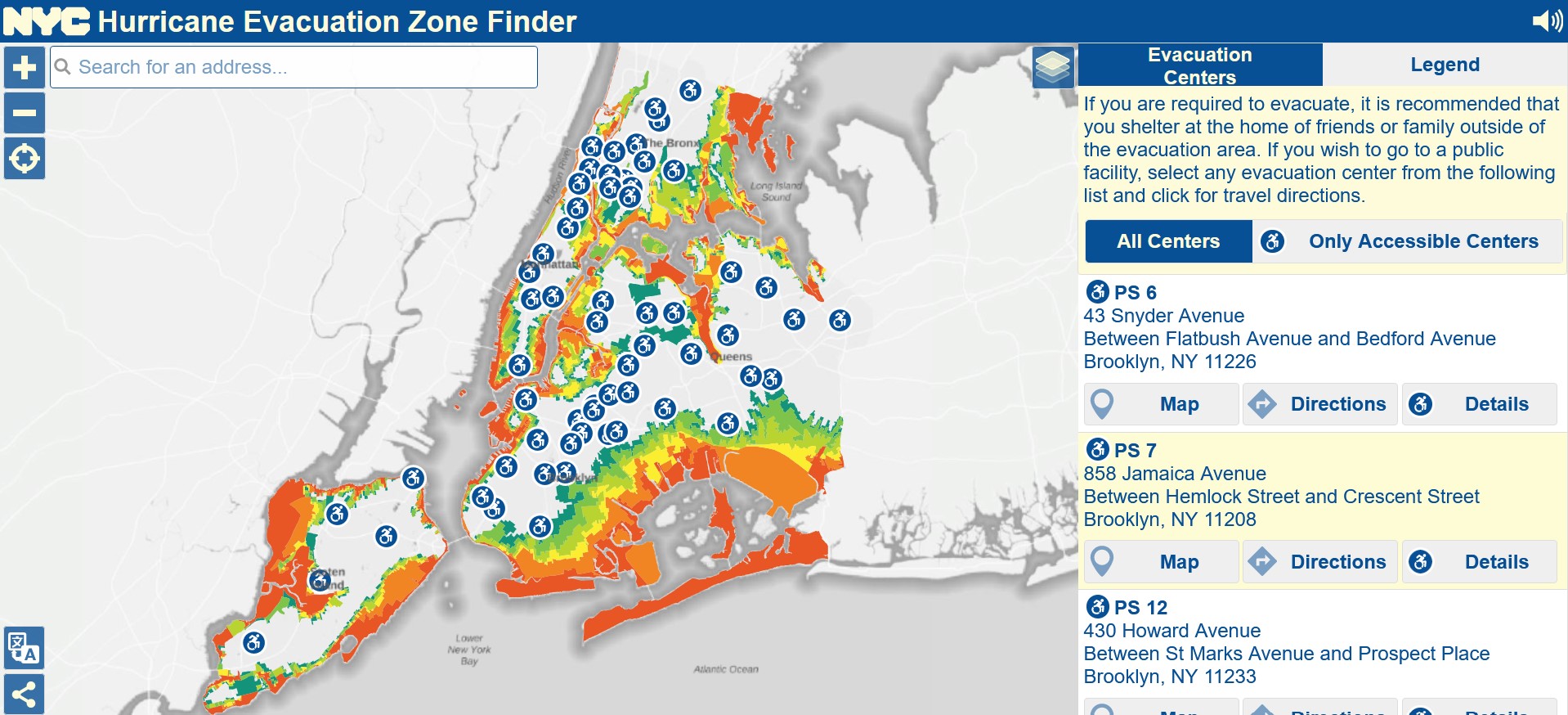 A picture of the NYC hurricane evacuation zone finder page.