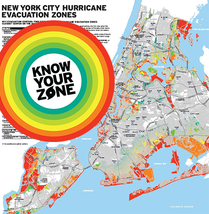 NYC's hurricane evacuation zone map with the Know Your Zone shield.