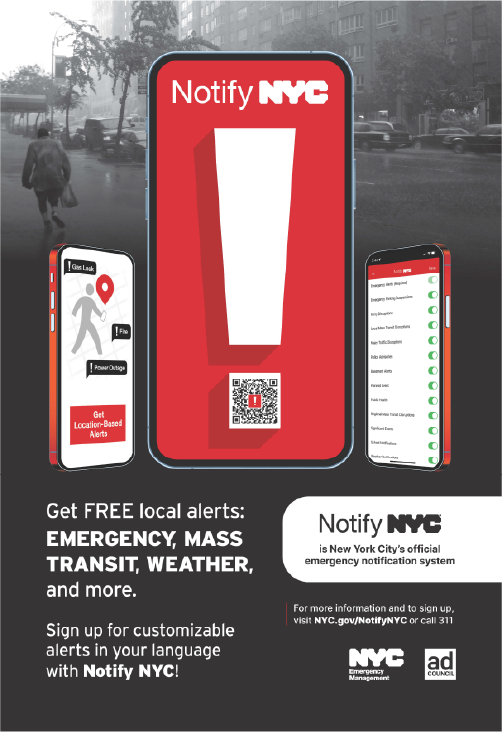 Phones with the Notify NYC app in front of a rainy background.