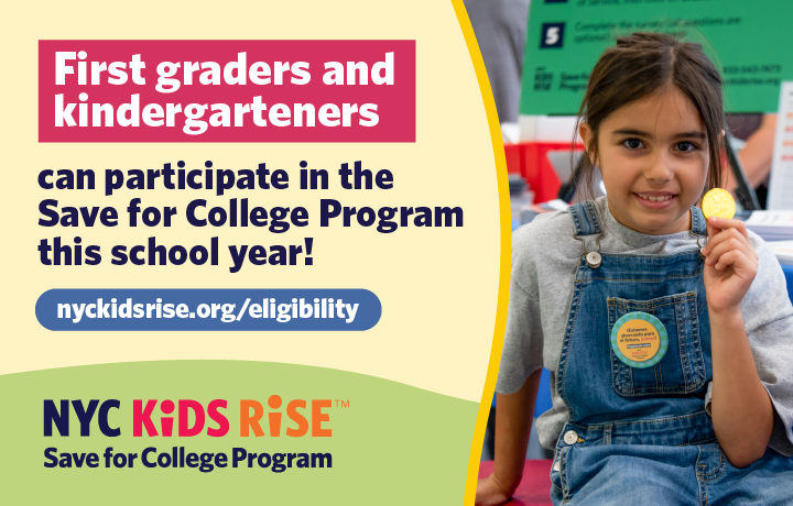 a kid is holding a token on right while the left side text reads, NYC Kids Rise
                                           