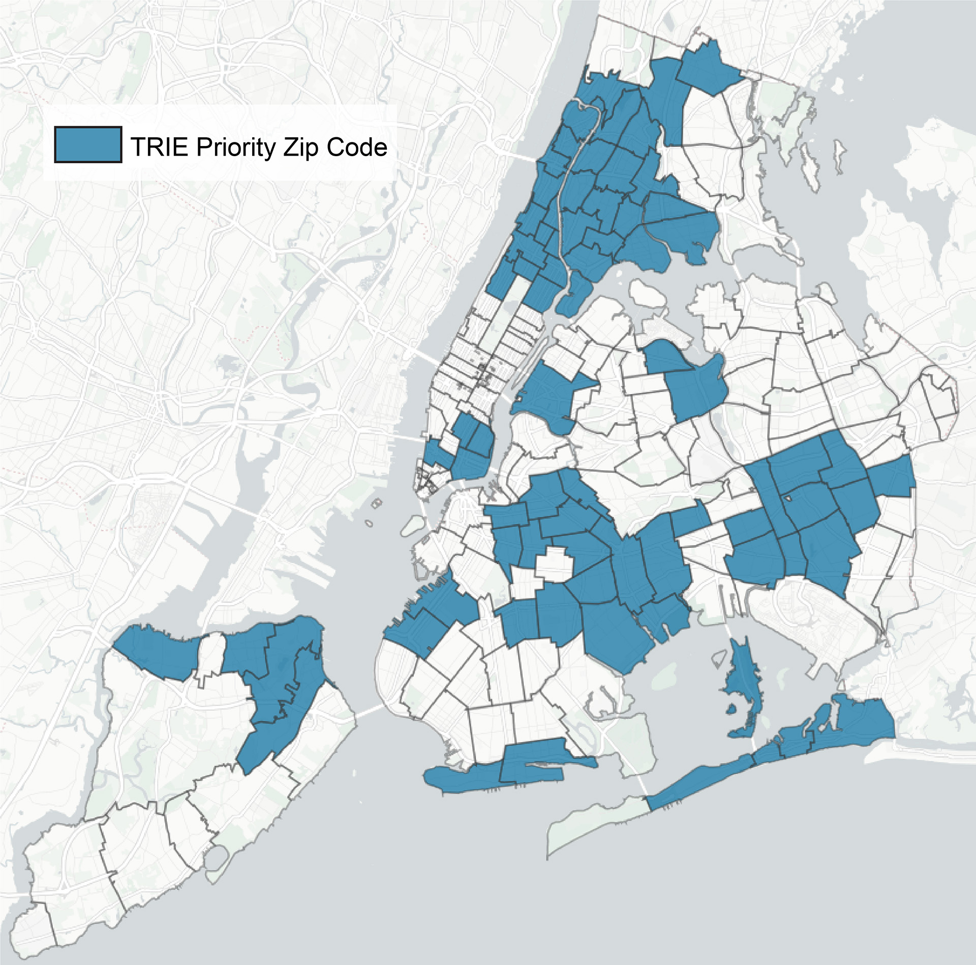 Map of NYC indicating TRIE priority ZIP codes