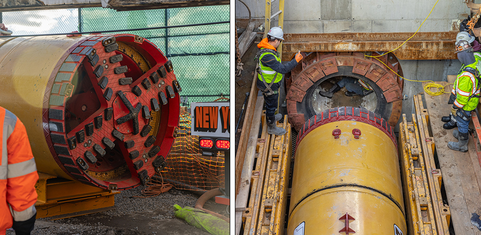 Microtunneling boring machine being assembled and lowered into the launching pit in East River Park.