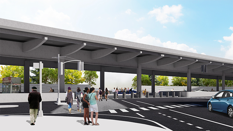 pedestrians at the new 20th street plaza at Stuyvesant Cove Park