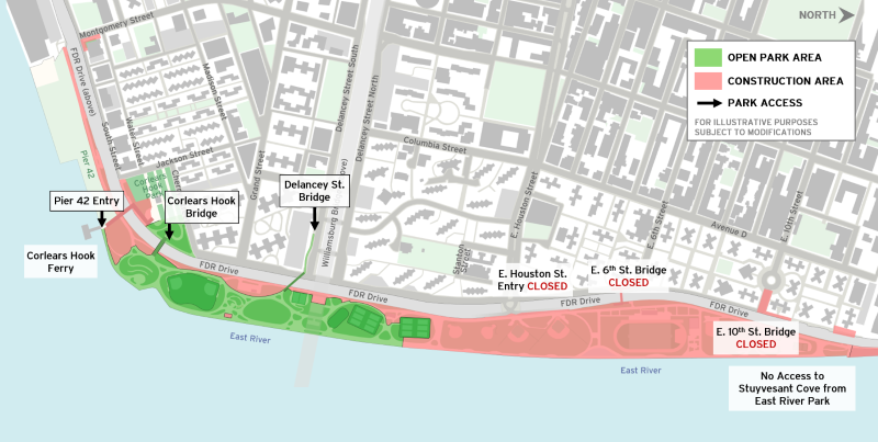 Map showing open and closed locations within East River Park