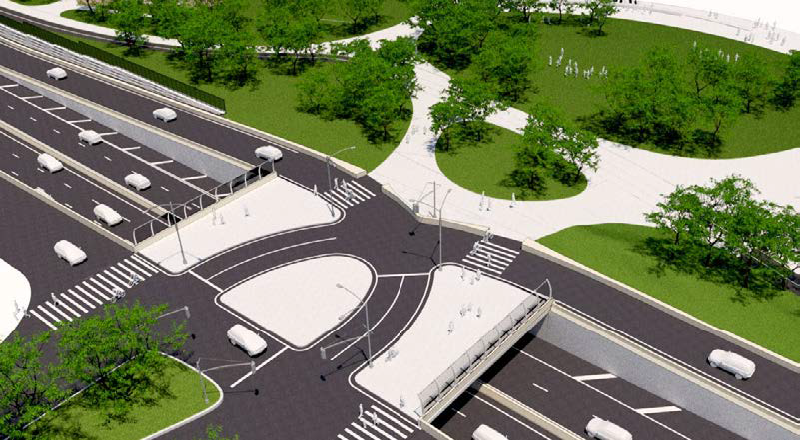 Houston Street overpass with reconfigured park-side entry