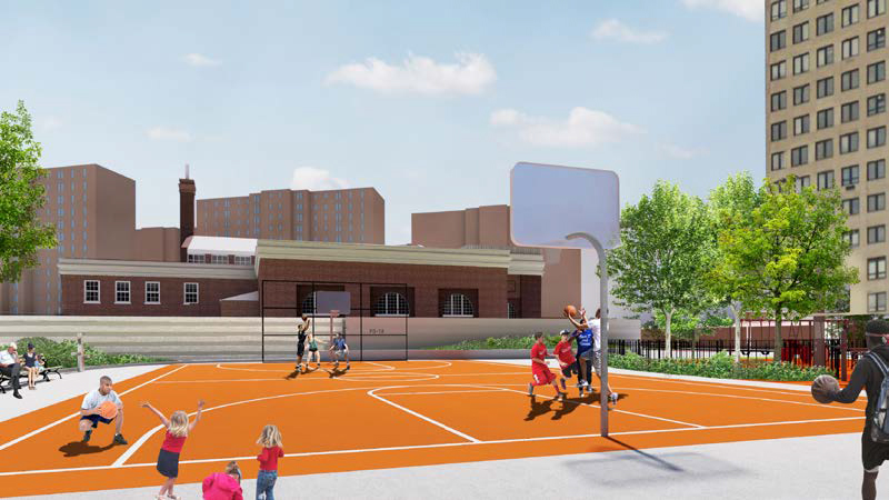 Kids playing basketball at Asser Levy Playground