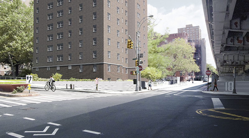 Rendering of Montgomery Street with open flood gates