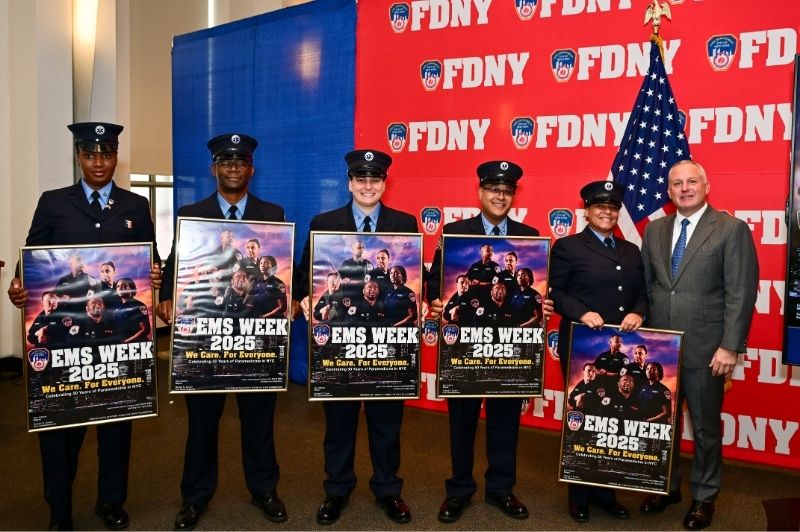 In an annual tradition to honor the dedication of emergency medical services professionals, the FDNY unveiled the 2025 EMS Week Poster on Thursday, May 15, 2025, inside the Commissioner Robert O. Lowery Auditorium at FDNY Headquarters in Brooklyn.
                                           