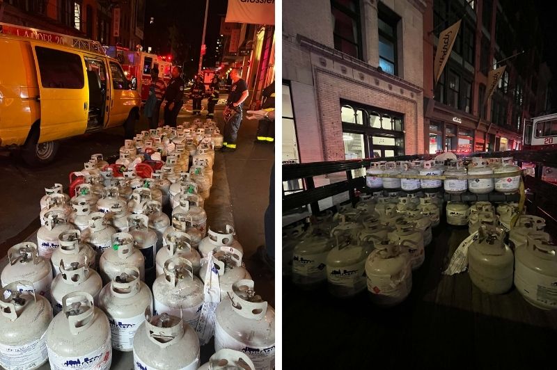 On Friday, July 18, Manhattan Dispatch received a call from a pedestrian reporting a yellow van storing a large quantity of propane in front of 72 Spring Street in Manhattan. An FDNY Ladder Company responded and upon investigation, discovered 82 20-pound propane cylinders and 12 portable gasoline containers inside the van.