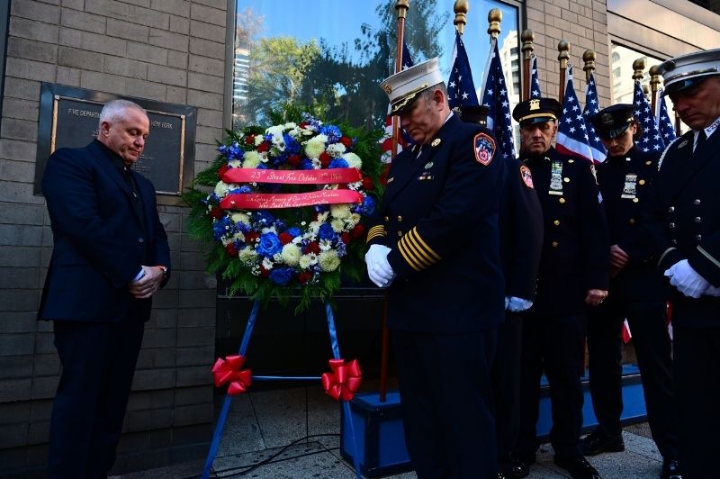 The New York City Fire Department held a wreath-laying ceremony Friday, Oct. 17, 2025, to commemorate the 59th anniversary of the 23rd Street Fire.
                                           