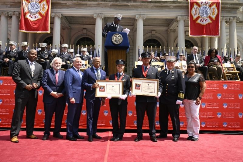 EMTs Amber Black and Mitchell Tarnapolsky, both of Station 43, were honored with the Christopher J. Prescott Medal—the top EMS operations medal—at the FDNY's 156th Medal Day Ceremony for a lifesaving ocean rescue off Coney Island.
                                           