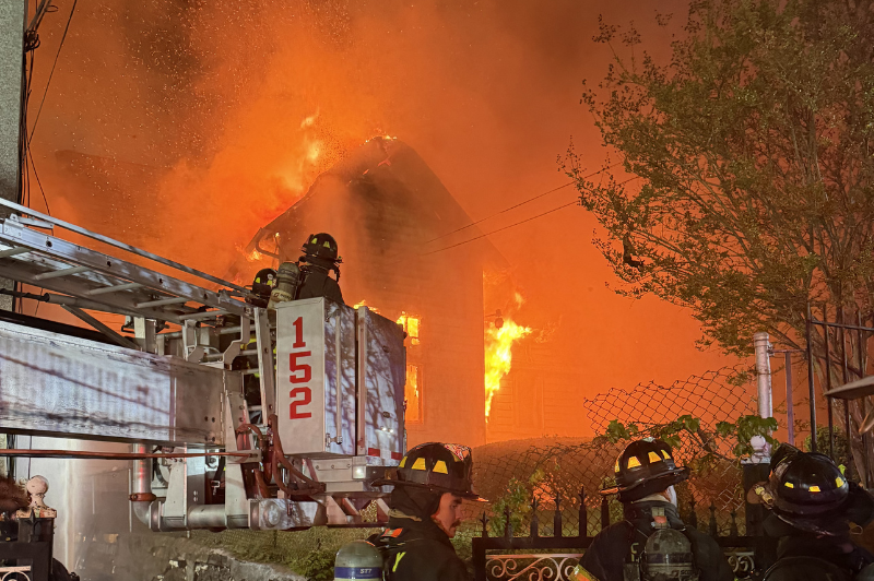 FDNY units operating at a 5-alarm fire in Queens on Thursday, April 23, 2026. The fire was placed under control just after 10:30 p.m.