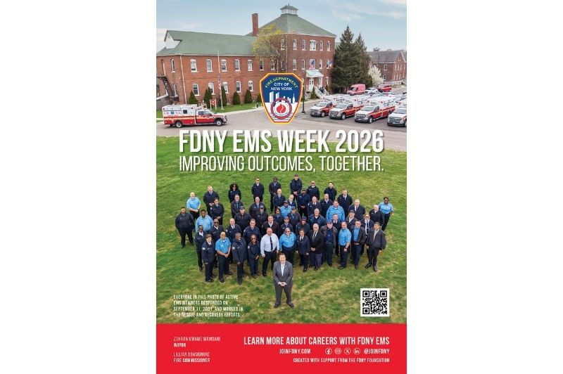 The FDNY's 2026 EMS Week poster: 'Improving Outcomes, Together.'