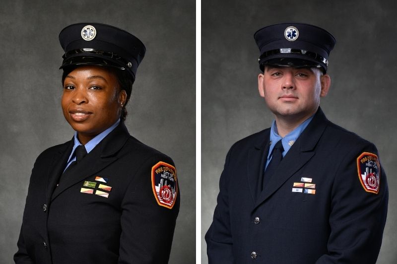 Paramedic Naytasha Doyle and now-Probationary Firefighter Paul Saladis III, who were paramedic partners at Station 44, were honored with the Christopher J. Prescott Medal at the FDNY's 157th Medal Day.