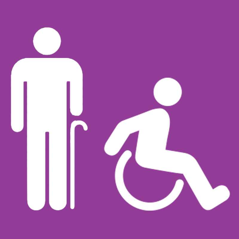 Graphic showing icons of a senor person with a cane and a person in a wheelchair