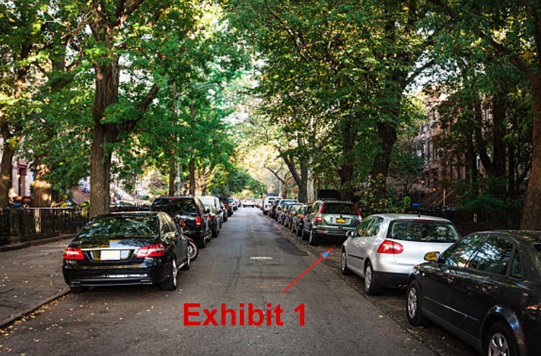 A photo of a tree lined street with parked cars marked "Exhibit 1"