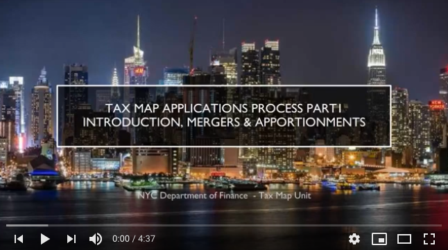 Title slide showing NYC at night with the words: Tax Map Application Process