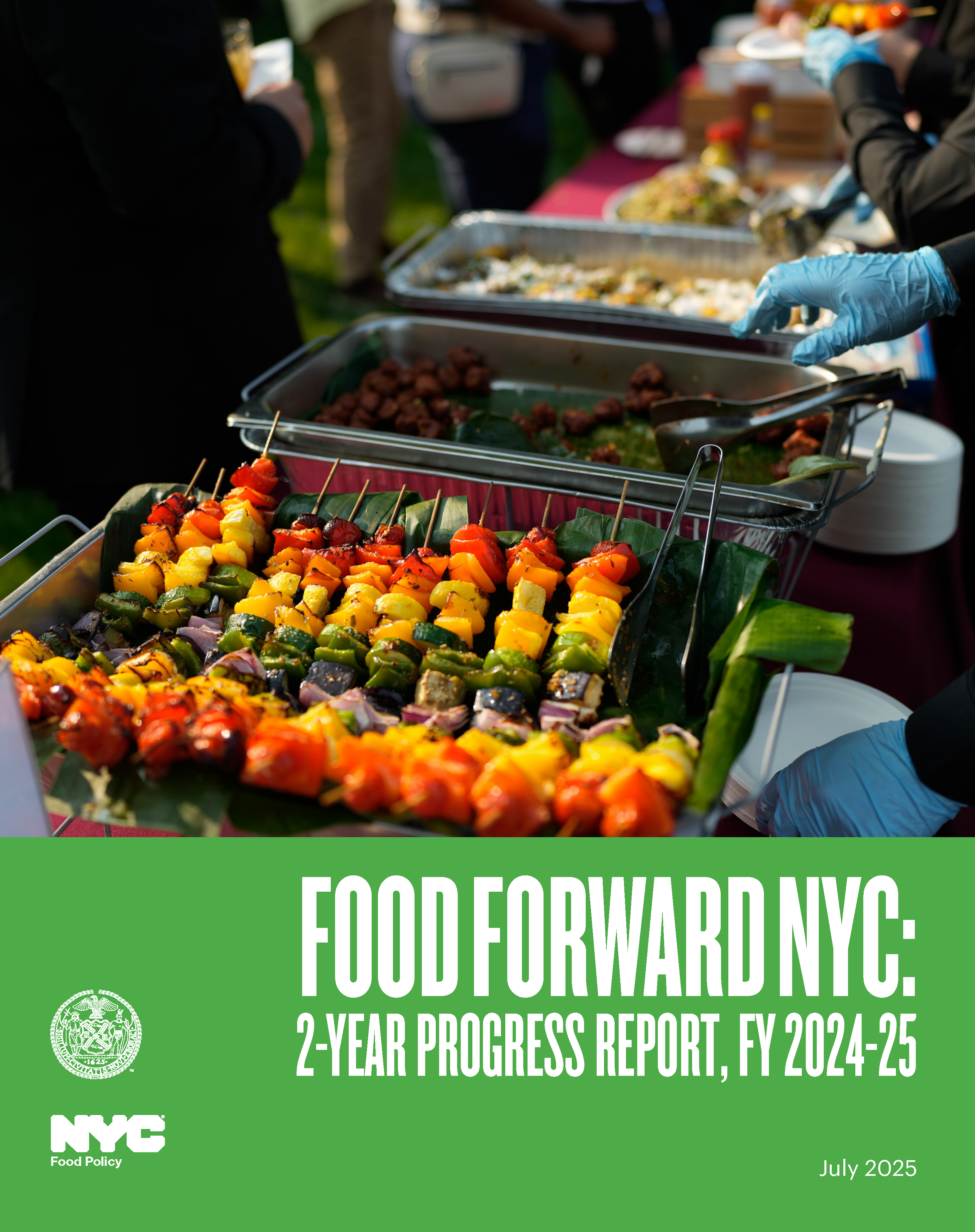 Colorful row of vegetable kebabs at an outdoor buffet. Text reads 