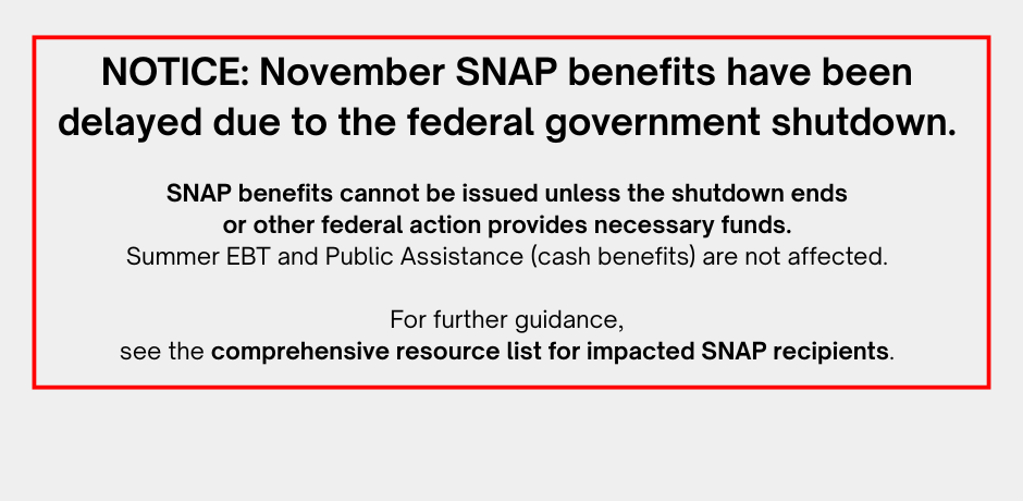 Notice about the November SNAP benefit delay due to federal government shutdown, with details and guidance.
                                           