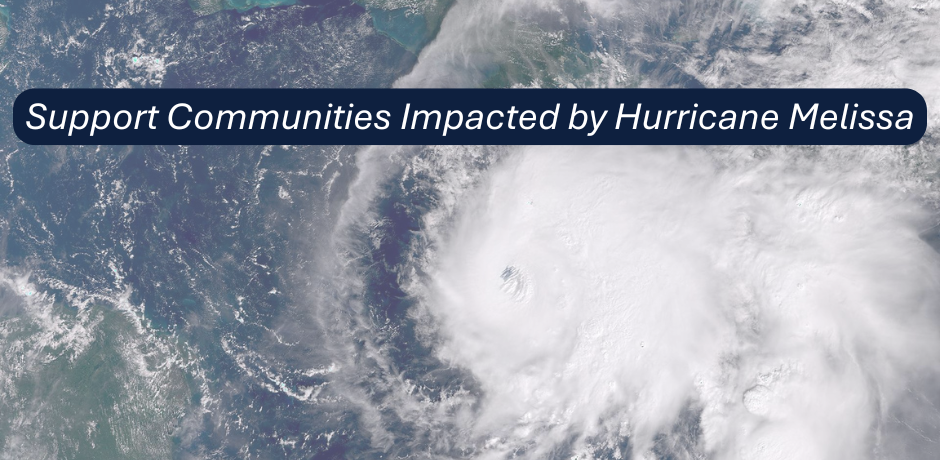 Satellite image of Hurricane Melissa over the Caribbean with the text 