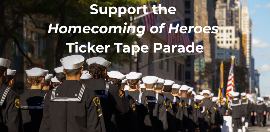 View from behind of parade marchers in black sailor suits with white hats, with the tagline 