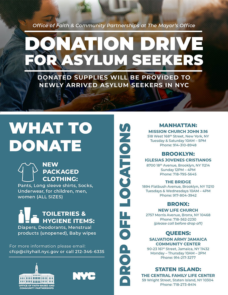 Donation Drive For Asylum Seekers - Donated Supplies Will Be Provided to Newly Arrived Asylum Seekers in NYC - What to Donate: New Packaged Clothing, Toiletries & Hygiene Items
