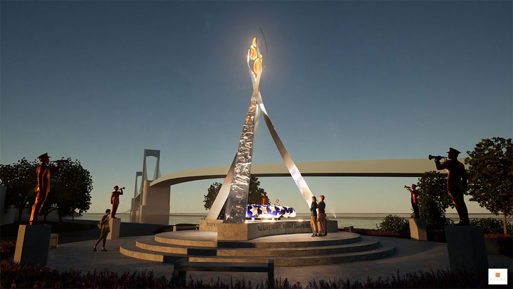 An artist's rendering of the proposed memorial, which includes 5 soldiers, and three connecting silver pillars.