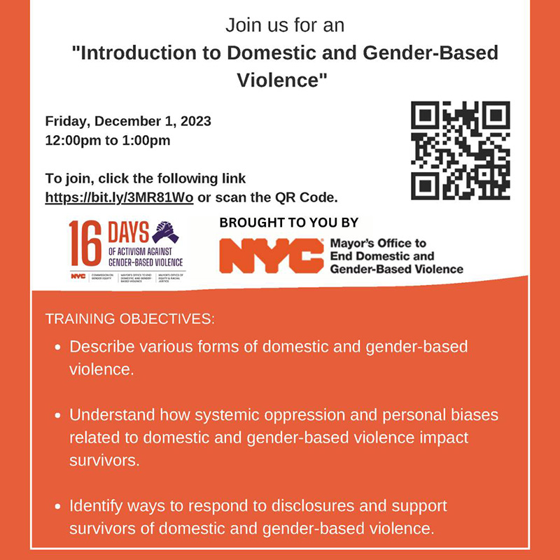 NYC Mayor’s Office to End Domestic and Gender-Based Violence event flyer for a December 1, 2023, training titled Introduction to Domestic and Gender-Based Violence.