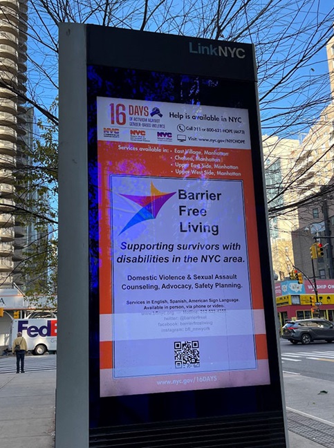 Link NYC kiosk displays information on local community-based organizations for the 2023 16 Days of Activism Against Gender-Based Violence campaign.