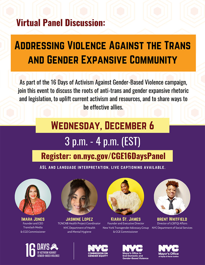 Event flyer for December 6, 2023, virtual panel as part of the 16 Days campaign titled Addressing Violence Against the Trans and Gender Expansive Community.
